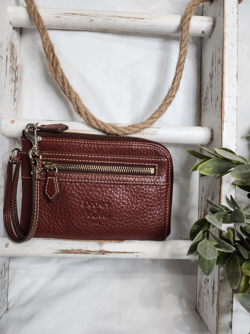 Dooney & Bourke Chestnut Pebbled Leather Large Wristlet Wallet Clutch
